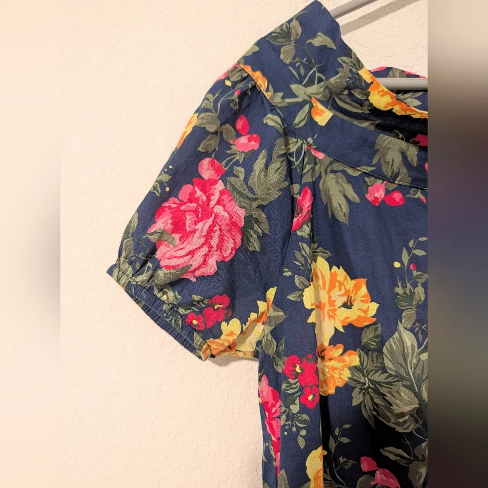 Navy Colorful Floral Cotton Boat Neck Puff Sleeve Relaxed Blouse M Resortwear - Picture 6 of 11